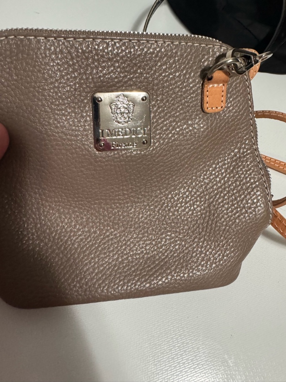 I Medici Taupe Pebbled Leather Crossbody Bag with Tan Accents